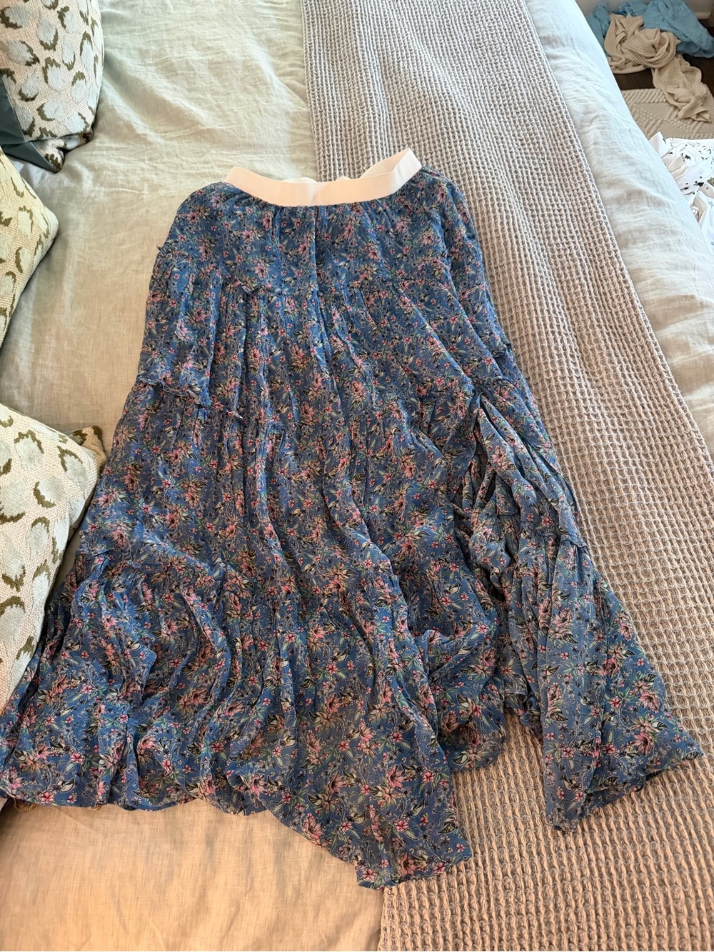 Blue Floral Tiered Maxi Skirt with White Waistband